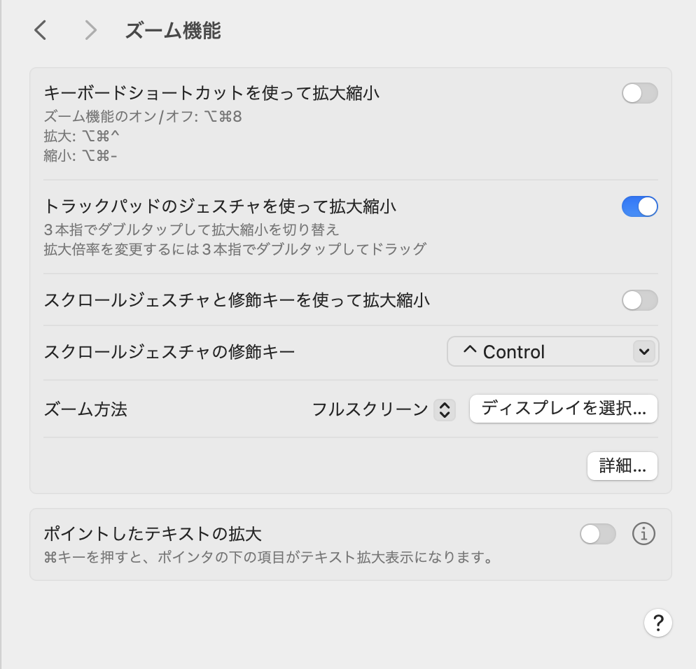 macのシステム設定ズームの設定画面